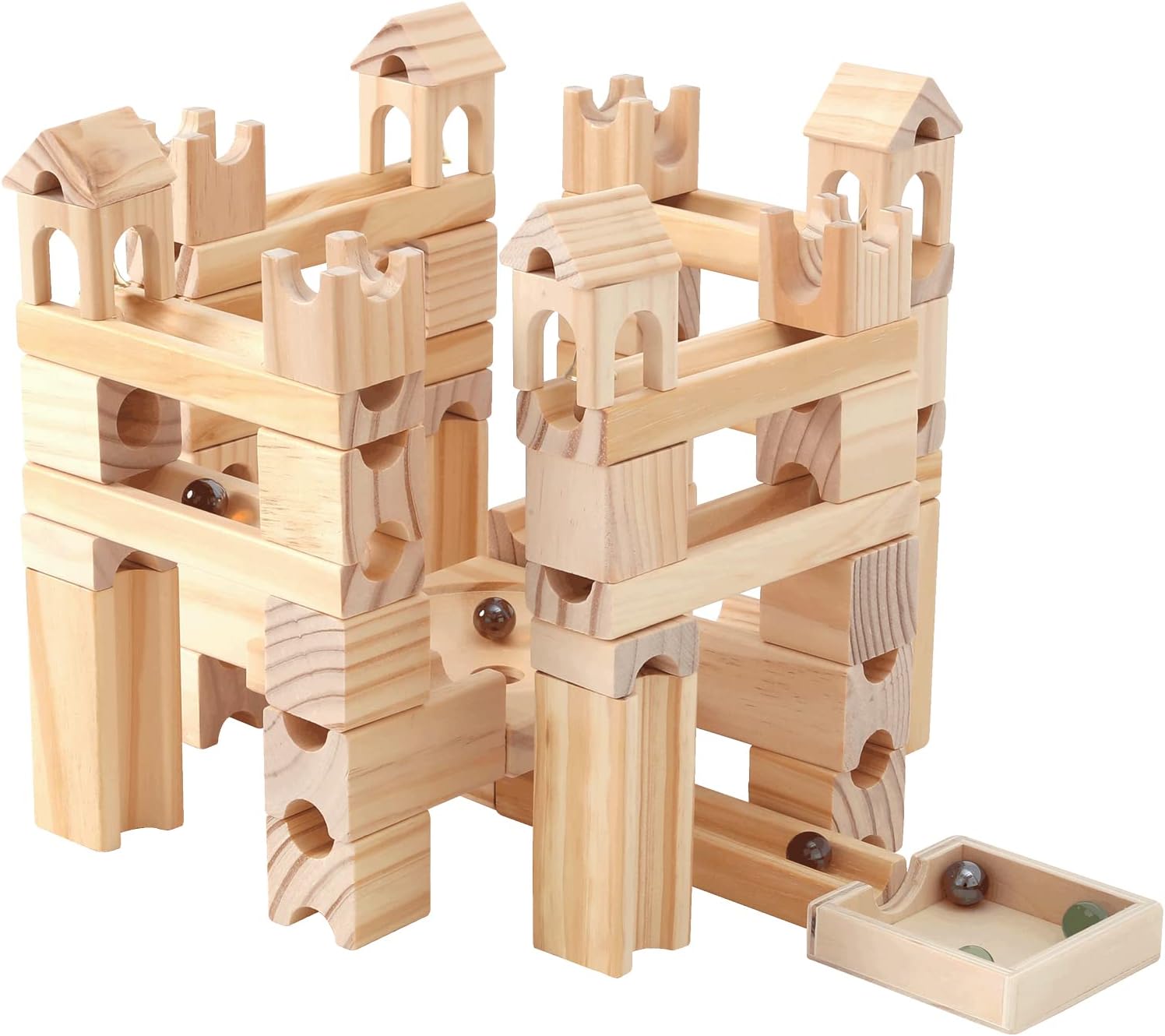 Wooden Marble Run for Kids Ages 4-8, 80 Pieces Wood Building Blocks Toys and Construction Play Set, Marble Track Maze Game Learning Toys Gifts for Boys Girls (80pc Set)
