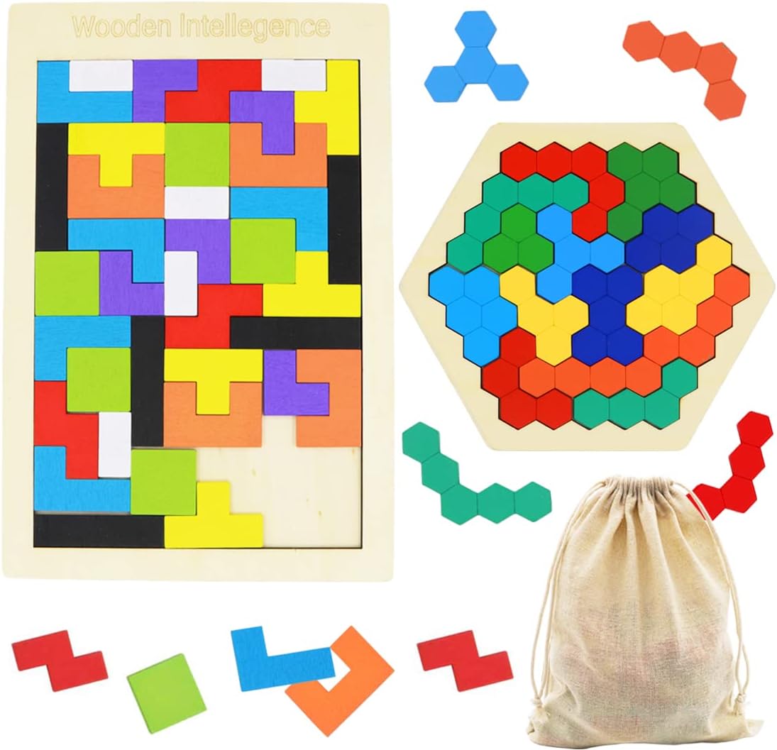 2 Pack Wooden Blocks Puzzle + Hexagon Puzzles for Kids & Adults, Wooden Block Puzzle Intelligence Brain Teasers Toy Logic Game Educational Gift for Children