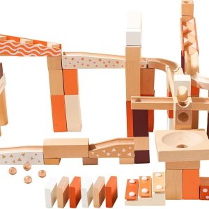 Wooden Marble Run Blocks for Kids 4-8, 80 Pieces Wood Building Blocks Toys and Construction Play Set, Neutral Colored Marble Track Maze Game  Learning Toys Gifts for Boys Girls (80pc Set)