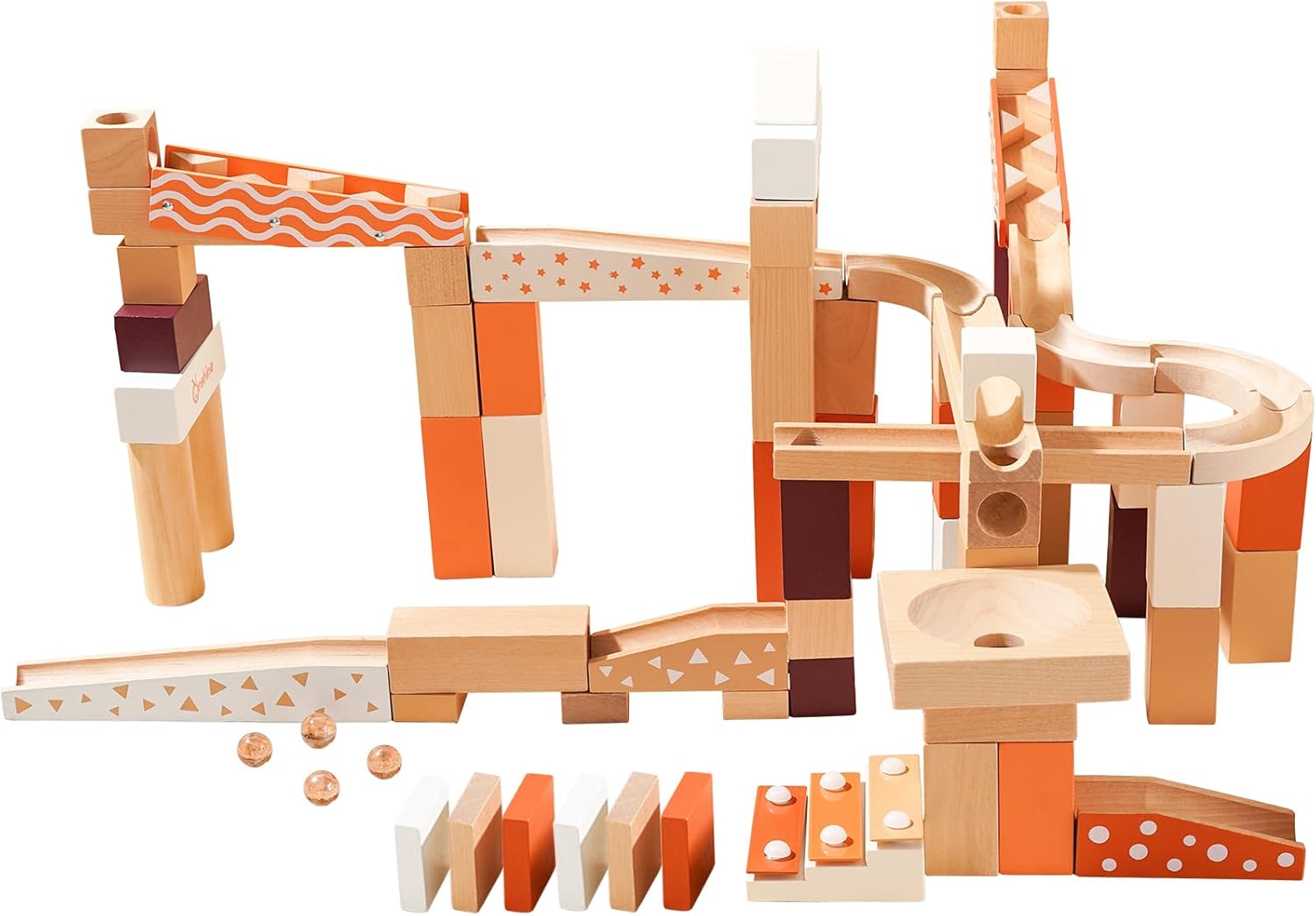 Wooden Marble Run Blocks for Kids 4-8, 80 Pieces Wood Building Blocks Toys and Construction Play Set, Neutral Colored Marble Track Maze Game Learning Toys Gifts for Boys Girls (80pc Set)