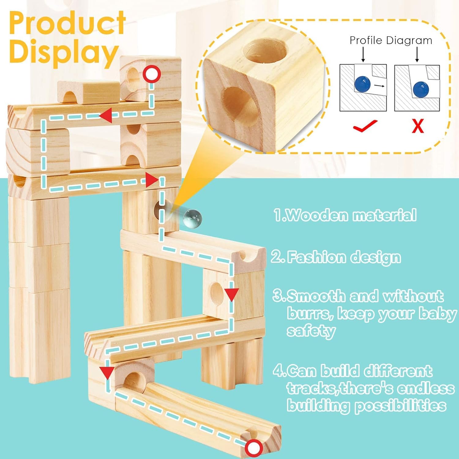 Wooden Marble Run for Kids Ages 4-8, 80 Pieces Wood Building Blocks Toys and Construction Play Set, Marble Track Maze Game Learning Toys Gifts for Boys Girls (80pc Set) - Image 2