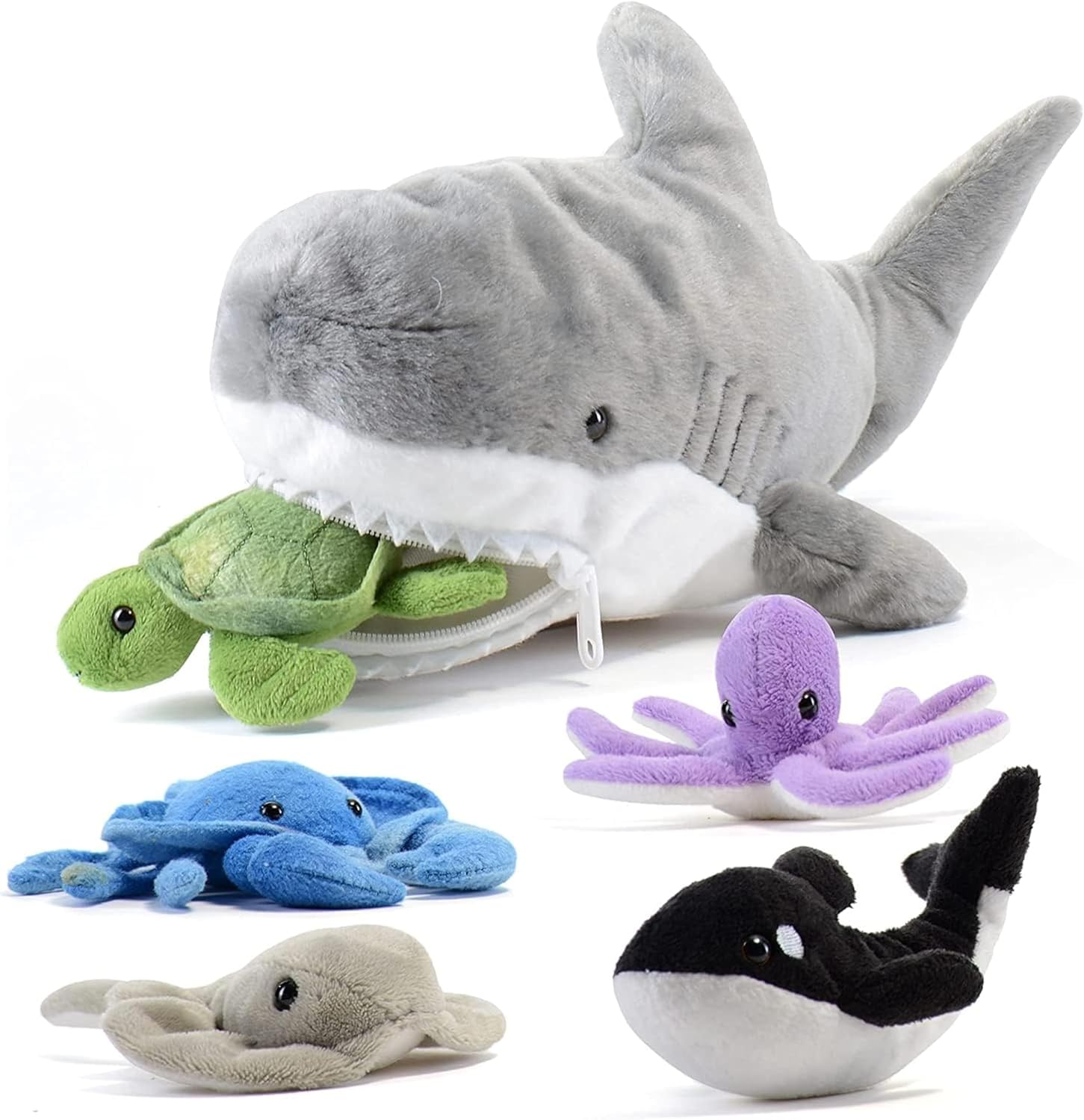 Plush Toy Shark Stuffed Animal with 5 Sea Animals - Shark Plush Toy with Turtle, Whale, Octopus, Stingray, Crab - Giant Stuffed Animals for Kids Aged 3 and Up - Fun Gift for Sea Animal Lovers