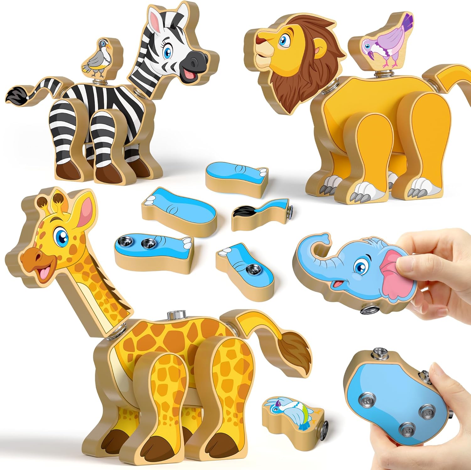 Wooden Snap Together Building Toy, Take Apart Construction Builders, Assembly Animal Building Blocks, Fine Motor Learning Toy Gift for 3 4 5 Years Old Kids